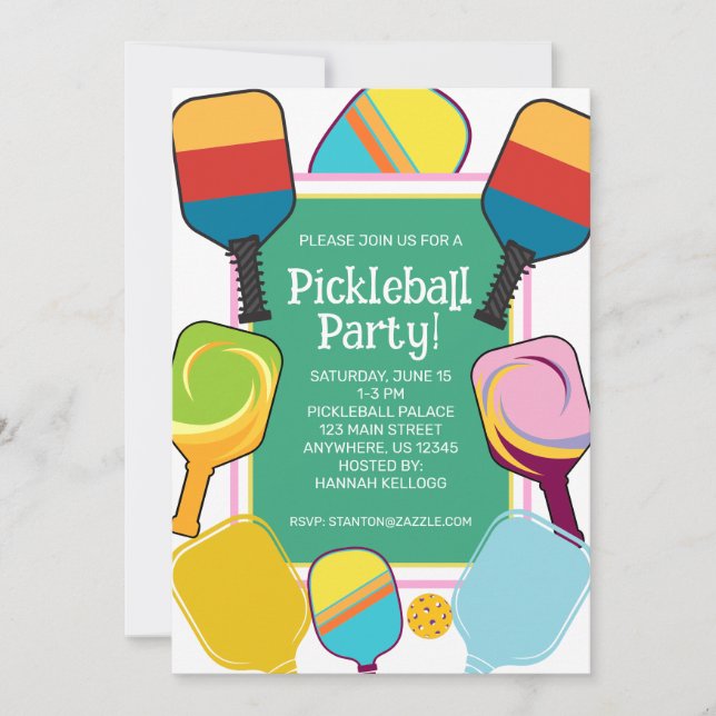 Invitación Preppy Rosa Verde y Amarillo Pickleball (Anverso)