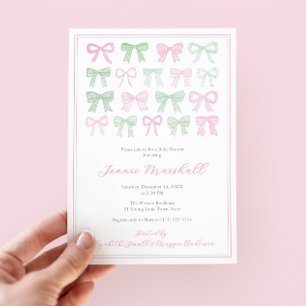 Invitación Preppy Rosa Y Verde Bows Niña Ducha