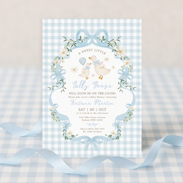 Invitación Preppy Silly Goose Blue Bow Boy Baby Shower (Subido por el creador)