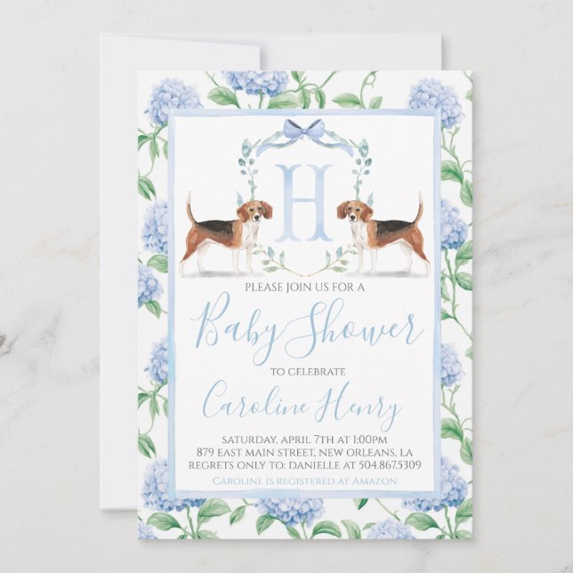 Invitación Preppy Southern Blue Boy Beagle Baby Shower (Anverso)