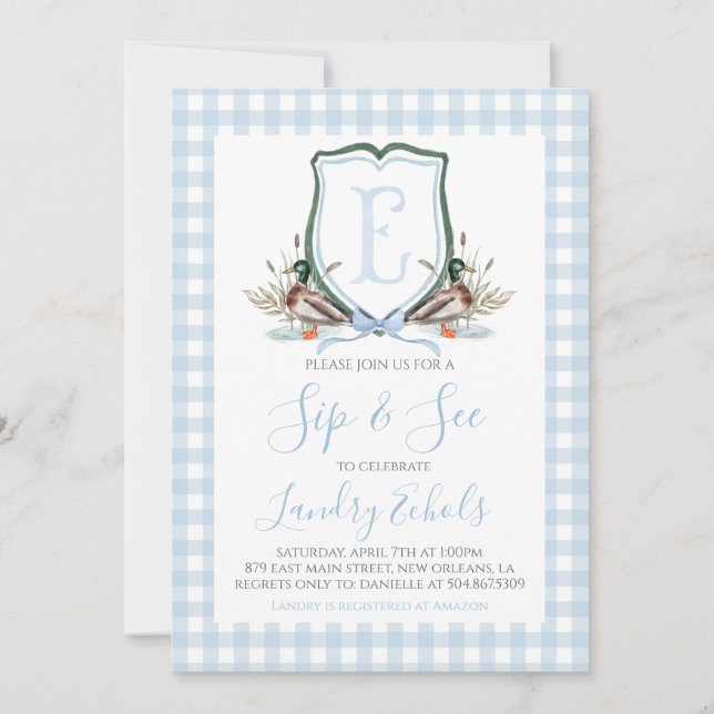 Invitación Preppy Southern Blue Boy Duck Baby Sip y See (Anverso)