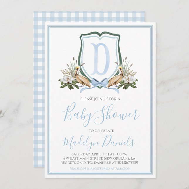 Invitación Preppy Southern Blue Boy Pelican Baby Shower (Subido por el creador)