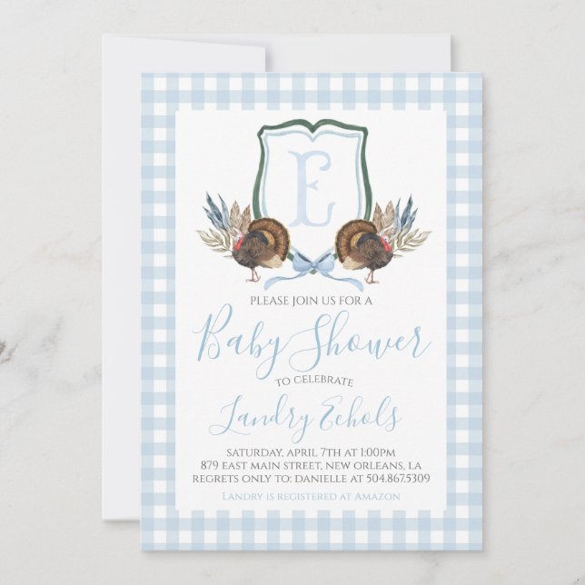 Invitación Preppy Southern Blue Boy Turquía Hunter Baby Showe (Anverso)
