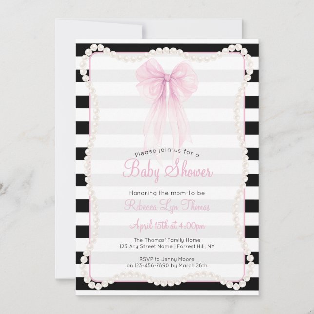 Invitación Preppy Stripes Pink Bow Pearls Baby Shower (Anverso)