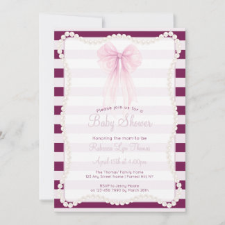 Invitación Preppy Stripes Pink Bow Pearls Baby Shower