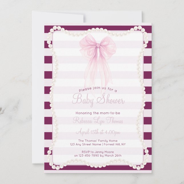 Invitación Preppy Stripes Pink Bow Pearls Baby Shower (Anverso)