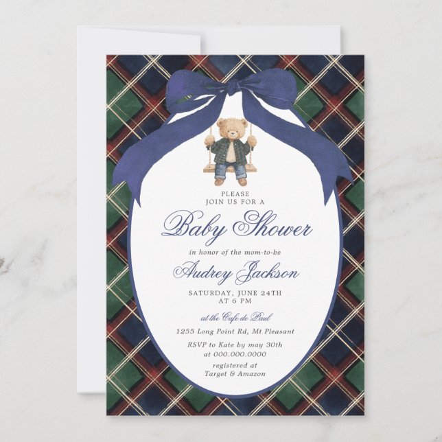Invitación Preppy Tartan Plaid Ralph Polo Bear Baby Shower (Anverso)