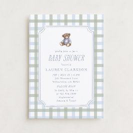 Invitación Preppy Teddy Bear Blue and Sage Plaid Baby Shower 