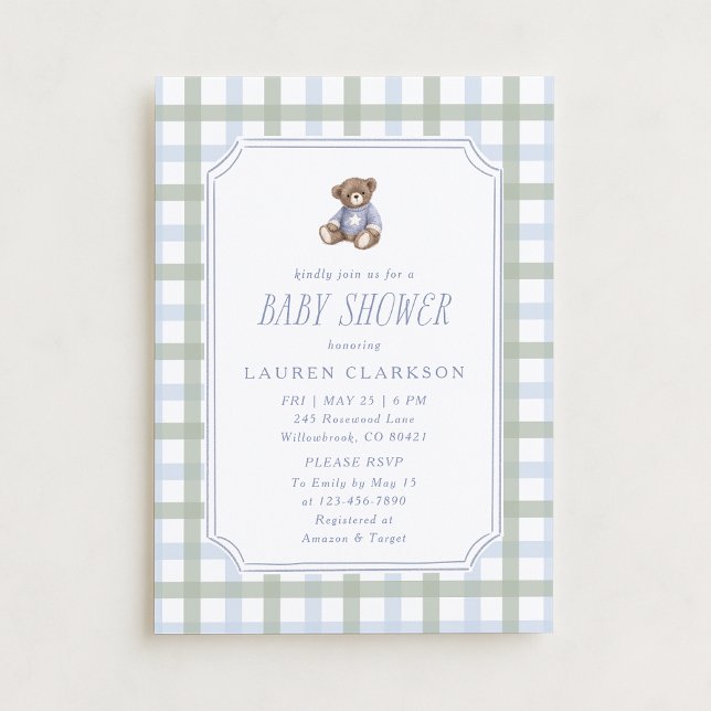 Invitación Preppy Teddy Bear Blue and Sage Plaid Baby Shower  (Subido por el creador)