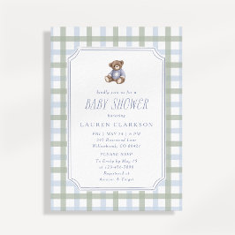 Invitación Preppy Teddy Bear Blue and Sage Plaid Baby Shower 
