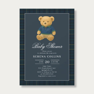 Invitación Preppy Teddy Bear Blue Baby Shower