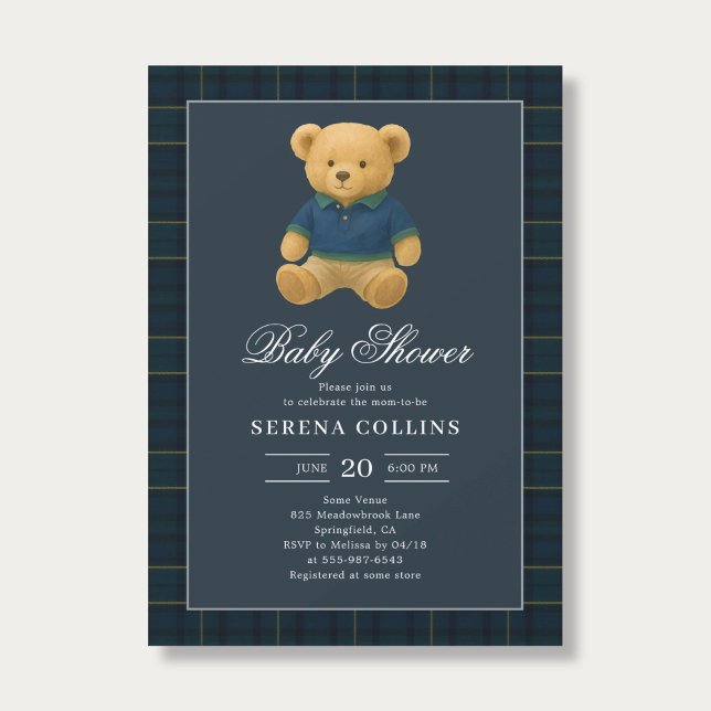 Invitación Preppy Teddy Bear Blue Baby Shower (Subido por el creador)