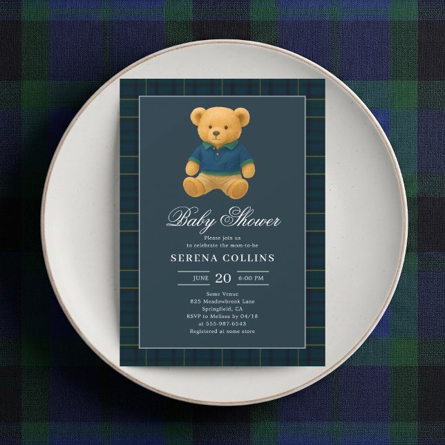 Invitación Preppy Teddy Bear Blue Baby Shower (Subido por el creador)