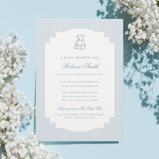 Invitación Preppy Teddy Bear Blue Boy Elegant Baby Shower (Subido por el creador)