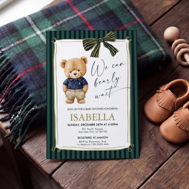 Invitación Preppy Teddy Bear Blue Green Baby Shower  (Subido por el creador)