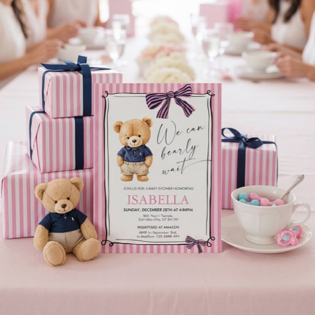 Invitación Preppy Teddy Bear Pink Baby Shower  (Subido por el creador)