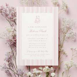 Invitación Preppy Teddy Bear Pink Girl Elegant Baby Shower