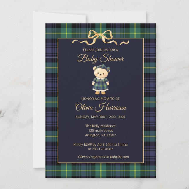 Invitación Preppy Teddy Bear Plaid Baby Shower Invitation (Anverso)
