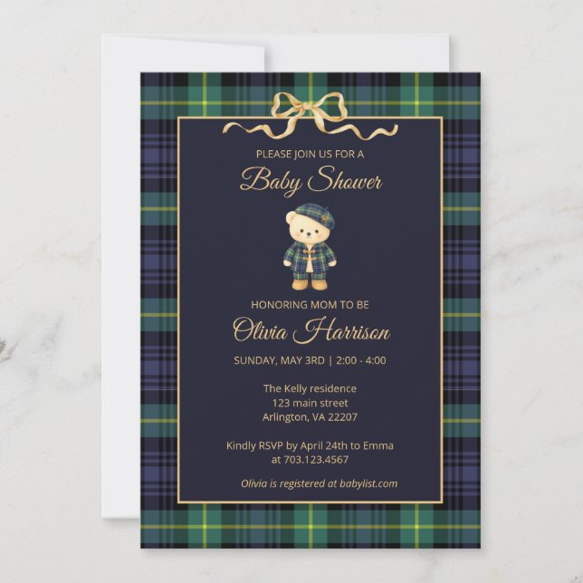 Invitación Preppy Teddy Bear Plaid Baby Shower Invitation (Anverso)