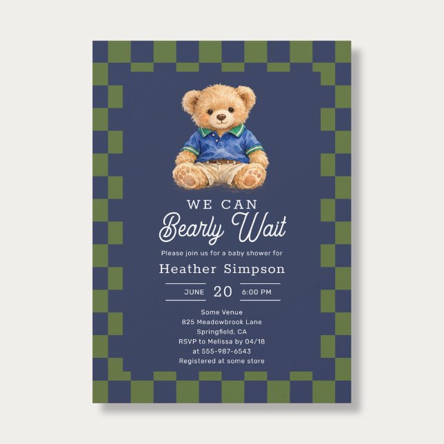 Invitación Preppy Teddy Bearly Wait Checkboard Baby Shower (Subido por el creador)