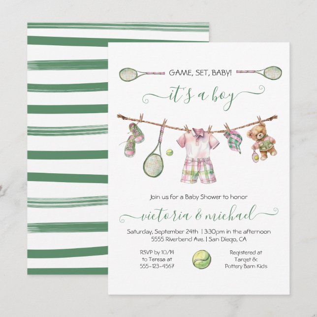 Invitación Preppy Tennis Boy Baby Shower (Anverso / Reverso)