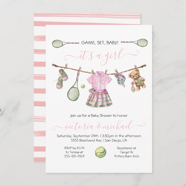 Invitación Preppy Tennis Chica Baby Shower (Anverso / Reverso)