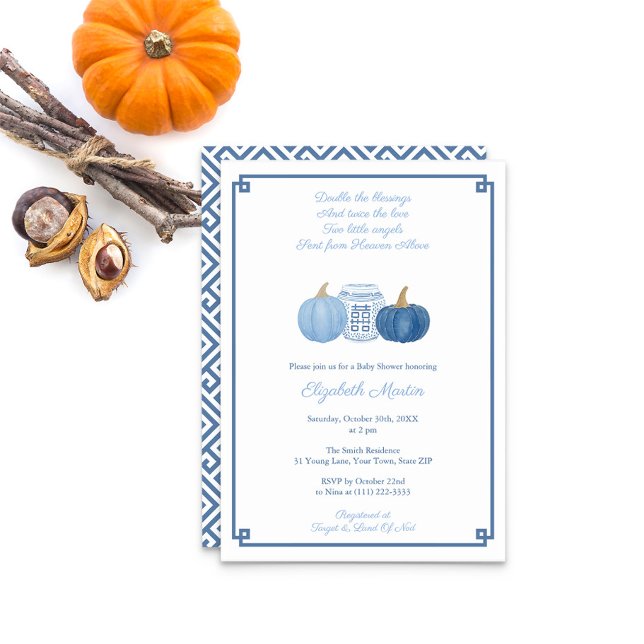 Invitación Preppy Twin Boys Pumpkins Autumn Baby Shower Fiest (Twin Boys Poem Baby Shower Invite With Light & Dark Blue Pumpkins And Ginger Jar. Greek Key Reverse)