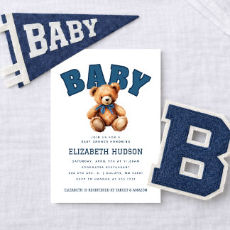 Invitación Preppy Varsity Teddy Bear Baby Shower Invitation
