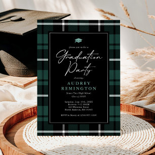 Invitación Preppy Verde Negro Tartán Graduación