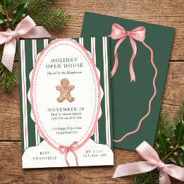 Invitación Preppy Verde Raya Casa Abierta de Pan de Jengibre