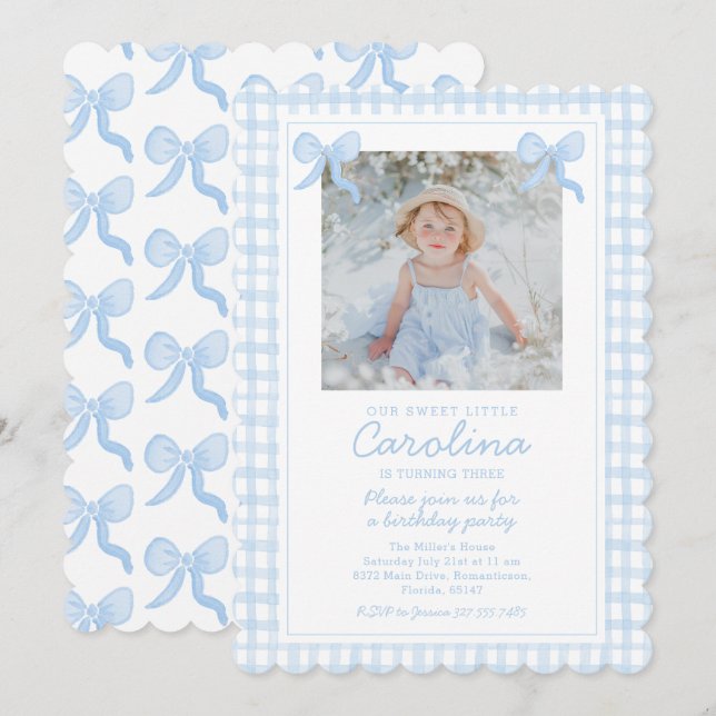 Invitación Preppy Watercolor Bows Gingham Personalizado Photo (Anverso / Reverso)