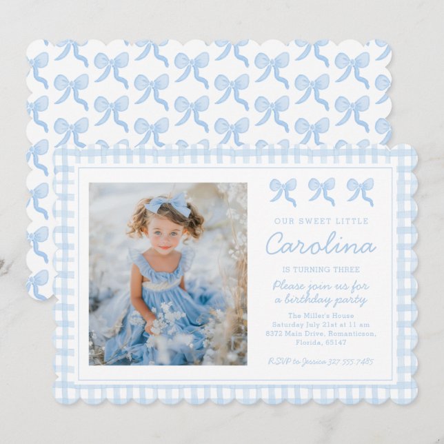 Invitación Preppy Watercolor Bows Gingham Personalizado Photo (Anverso / Reverso)