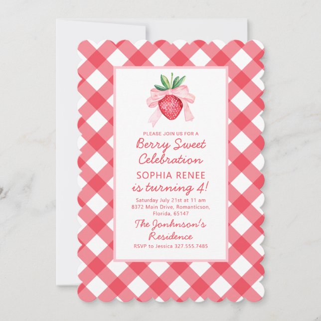Invitación Preppy Watercolor Fresas Berry Sweet (Anverso)