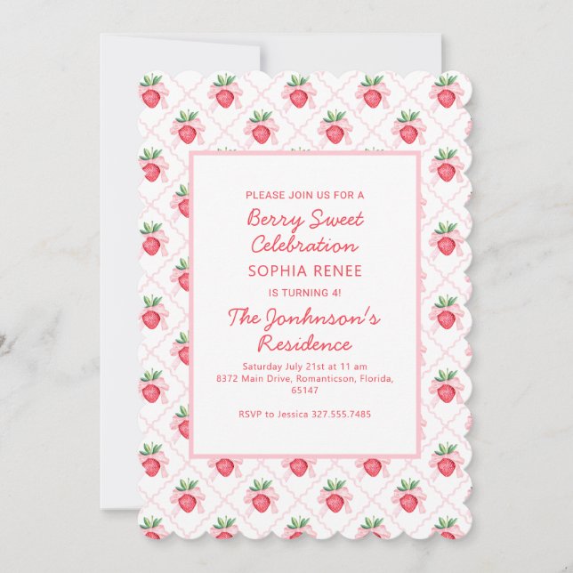 Invitación Preppy Watercolor Fresas Berry Sweet (Anverso)