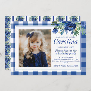 Invitación Preppy Watercolor Navy Blue Florals Gingham