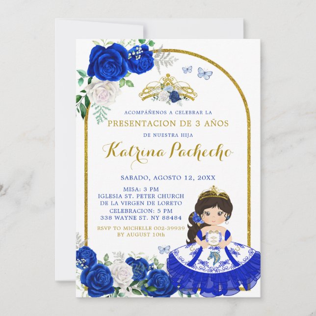 Invitación Presentació Real Azul y Oro en De Tres Añ os (Anverso)