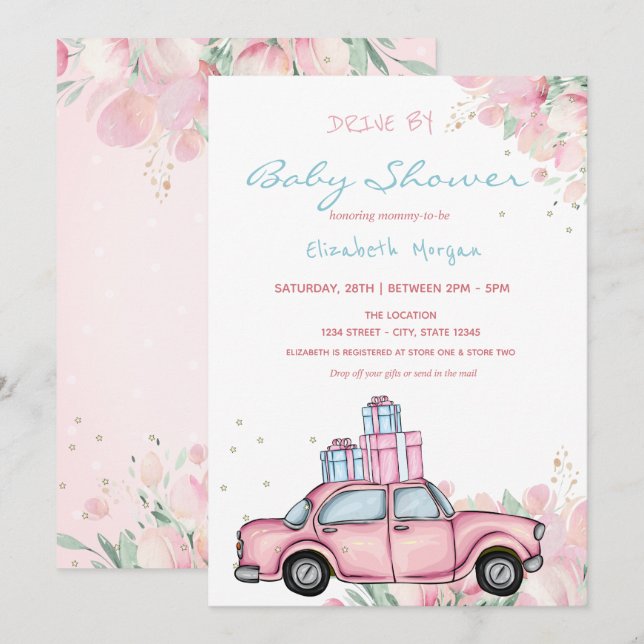 Invitación Presentación de Auto Rosa Fiesta de Bebé Floral Dr (Anverso / Reverso)