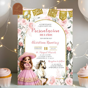 Invitación Presentación de niña charra mexicana floral rosa d