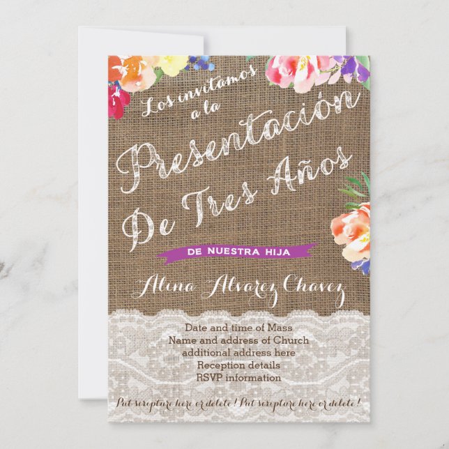 Invitación presentación de tres años para niña, flores (Anverso)
