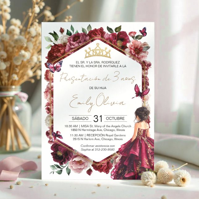 Invitación Presentación floral borgoña de 3 años (Subido por el creador)