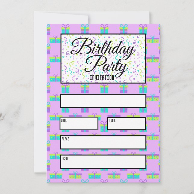 Invitación Presentes de cumpleaños azul y púrpura (Anverso)