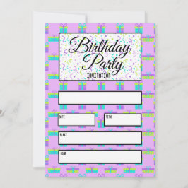 Invitación Presentes de cumpleaños azul y púrpura
