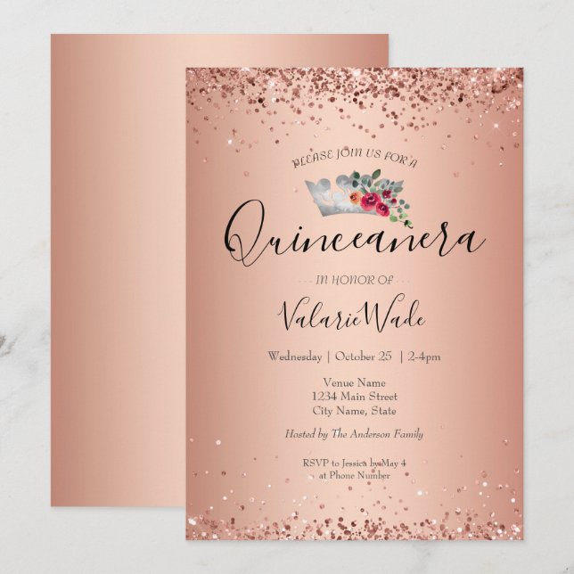 Invitación presupuestaria Quinceanera Purpurina Ro (Anverso / Reverso)