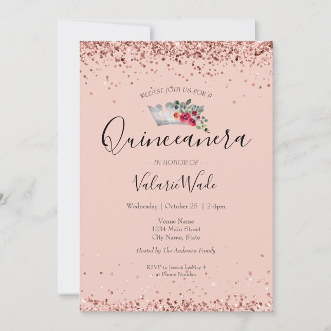 Invitación presupuestaria Quinceanera Purpurina Ro (Anverso)
