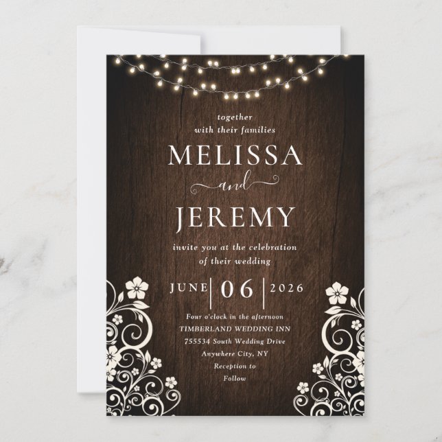 Invitación Presupuestario Rústico Luces De Madera Lace Boda (Anverso)