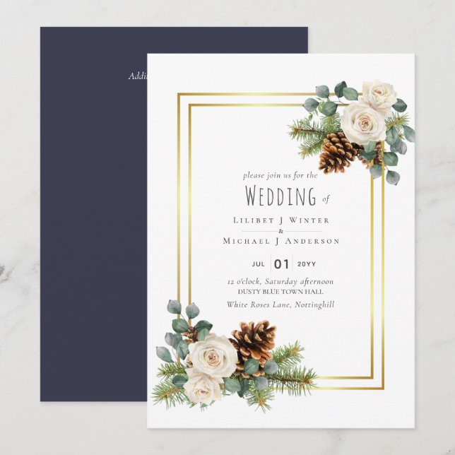 Invitación PRESUPUESTO Boda de Invierno Rosas Blancas Doradas (Anverso / Reverso)