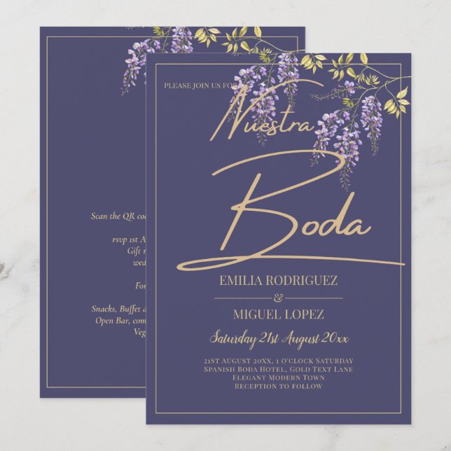 Invitación PRESUPUESTO Boda de Oro Púrpura de Wisteria todo e (Anverso / Reverso)