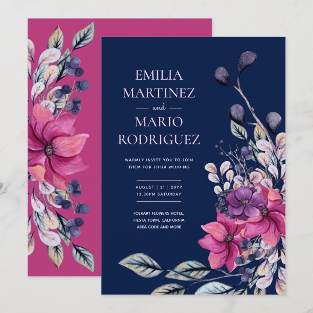 Invitación Presupuesto Boda floral azul de la marina rosa de  (Anverso / Reverso)