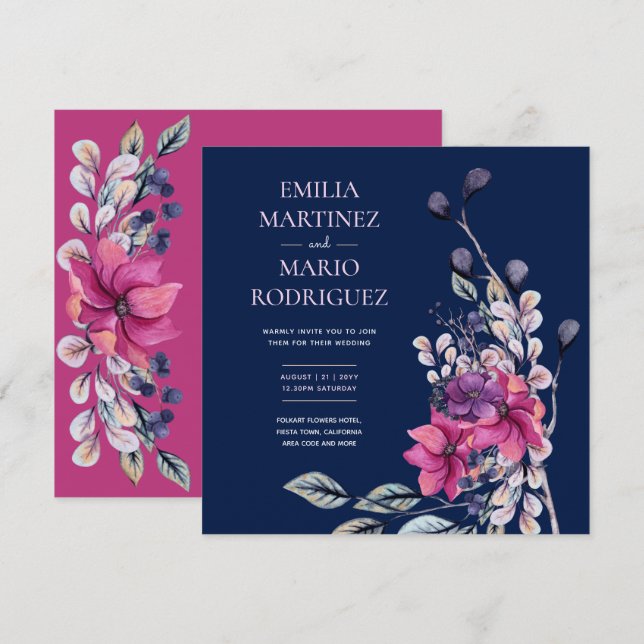 Invitación Presupuesto Boda floral azul de la marina rosa de  (Anverso / Reverso)
