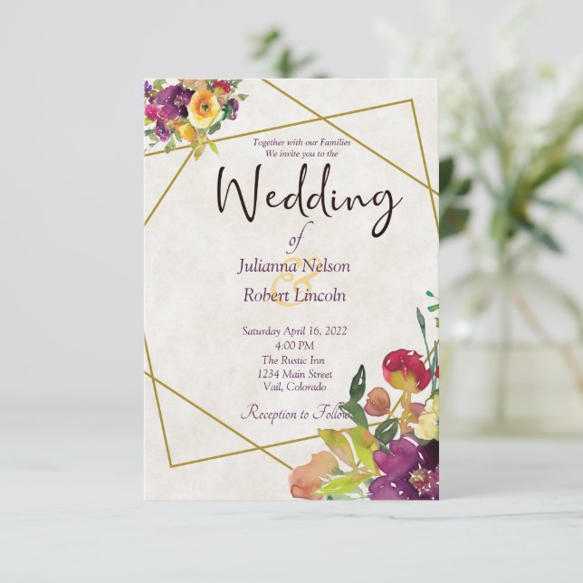 Invitación Presupuesto Borgoña y boda floral amarillo (Anverso de pie)